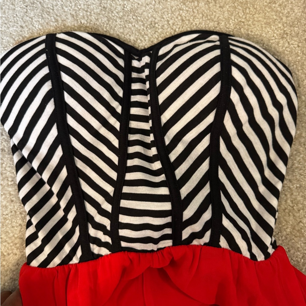 Striped Black and White Jumpsuit with Bustier Top and red wide legged pants - Picture 3 of 6